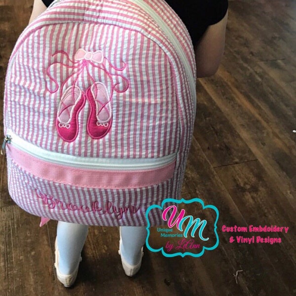 Toddler Seersucker Backpack Ballet shoes appliqué FREE Name/monogram - School Bag, Children's backpack, Quilted,  Dance Bag, Mini Backpack