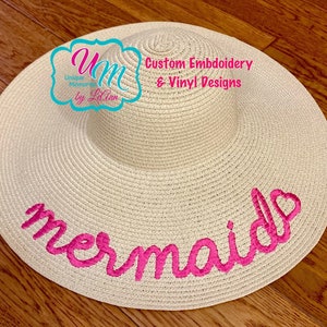 Mermaid Embroidered floppy Beach Hat, Personalized Straw Hat, Sun hat, Floppy hat, Beach Hat, Straw Beach Hat, Straw floppy hat, Cruise Hat