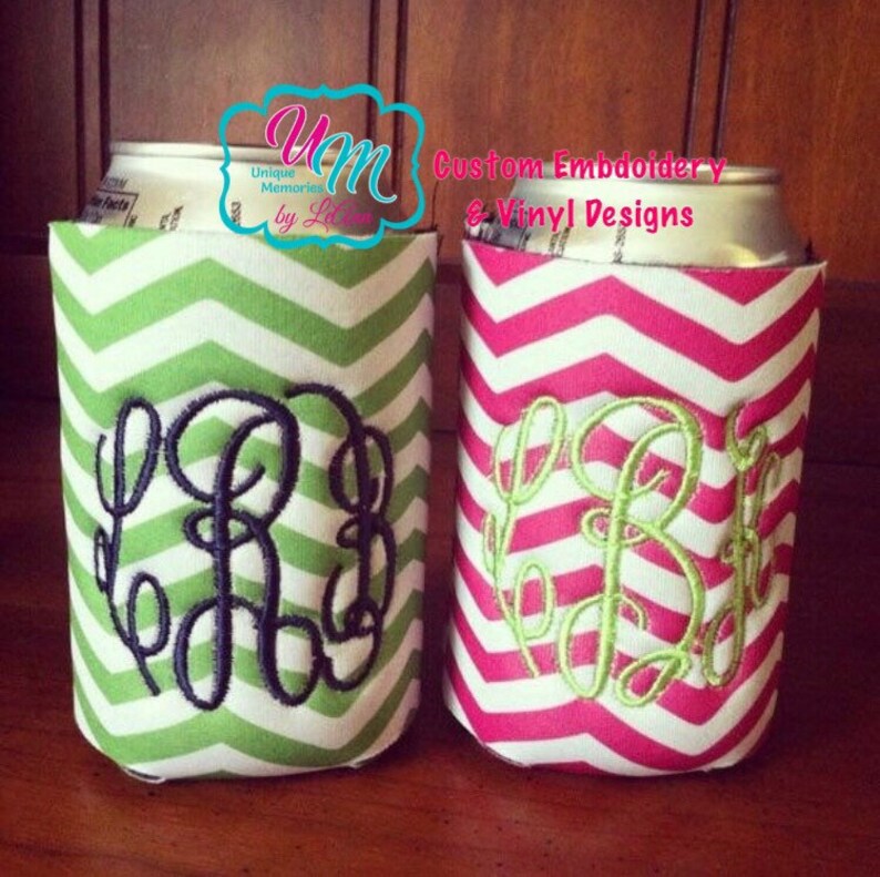 Chevron Personalized embroidered insulated can cooler insulated drink holder Insulated Can Hugger Monogrammed hugger beer huggie