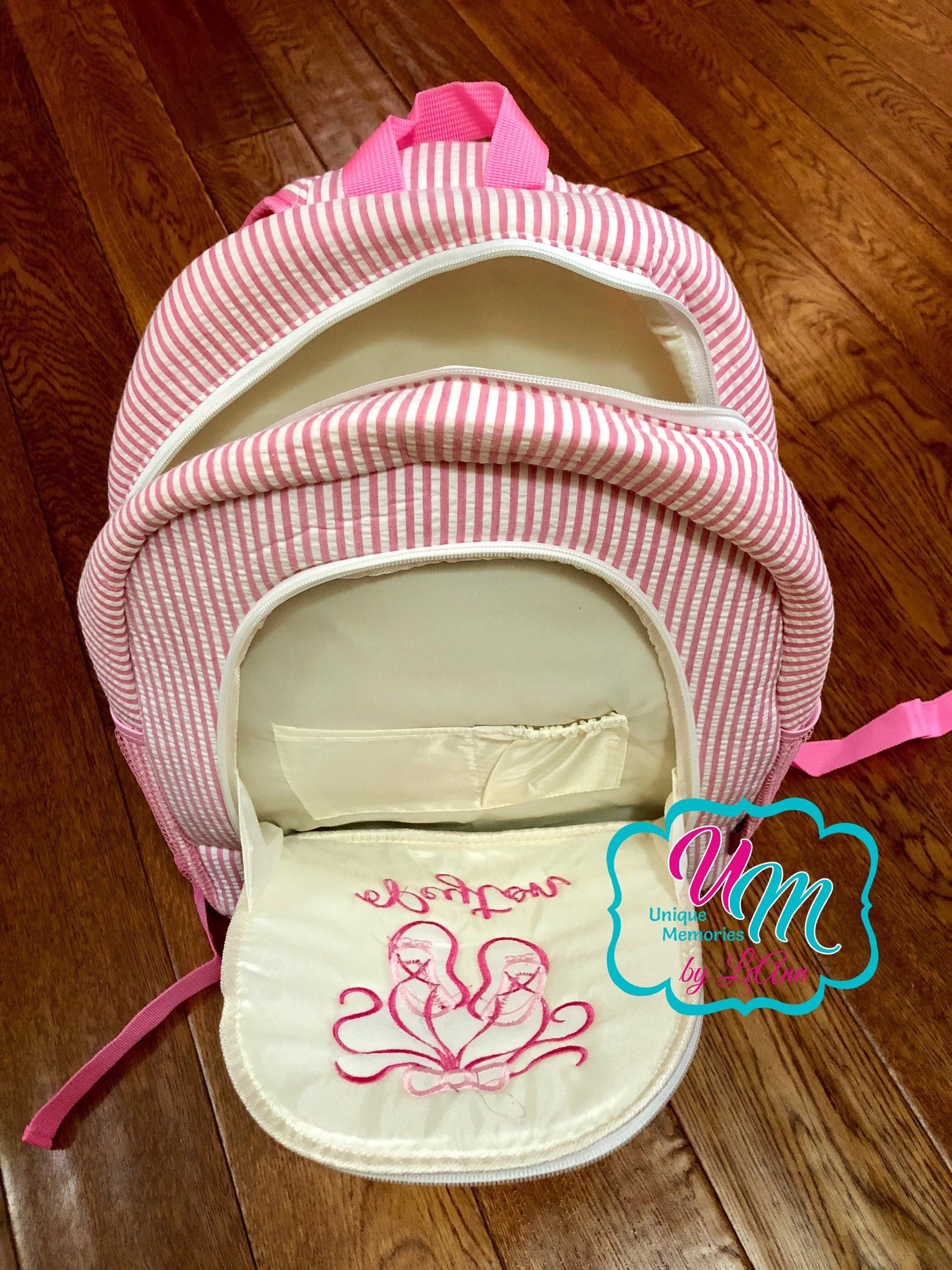 seersucker backpack ballet shoes applique with free name or monogram - school bag, large bookbag, children's backpack, quilt