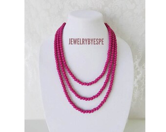Bright Pink Wood and Glass Necklace