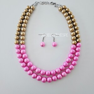 Gold and Pink Beaded Necklace with Earrings, Statement Necklaces for Women, Chunky Necklace, Layered Necklace, Multi Strand, Nautical Summer