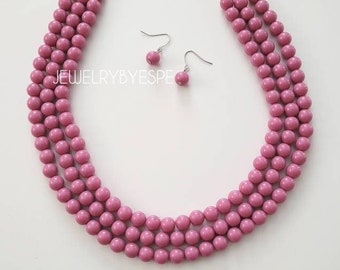 Dusty Pink Statement Necklace Dusty Rose Beaded Chunky Necklace Layering Necklaces for Women Multi Strand Layered Bib Wedding Jewelry Gifts