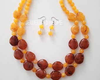 Golden Yellow and Brown Necklace Set, Chunky Beaded Necklace, Statement Necklaces for Women, Ombre Layered Necklace, Rustic Wedding, Summer