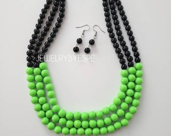 Apple Green and Black Statement Necklace, Bib Chunky Necklace, Layered Necklaces for Women, Beaded Layering Necklaces, Multi Strand Necklace