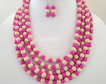 Tan Magenta Wood Bead Chunky Necklace Set, Statement Necklaces for Women, Multi Strand Necklace, Bib Layering Necklaces Beaded Boho Necklace