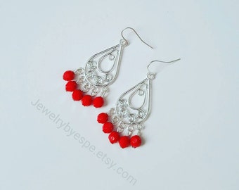 Red earring, silver, dangle, drop, earrings, boho, bohemian, statement, gift for her, best friend gifts, gypsy, chandelier earrings