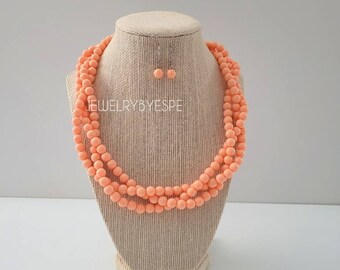 Coral peach druzy triple strand layered necklace