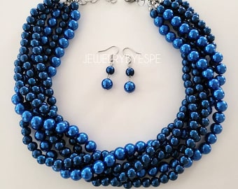 Navy Blue Pearl Necklace Set Royal Blue Chunky Pearl Necklace