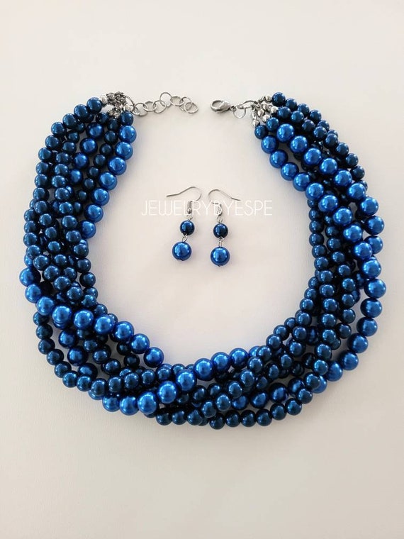 Navy Blue Pearl Necklace & Matching Bracelet & Free Earrings when you buy  both | eBay