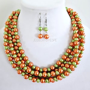 Orange and Green Pearl Chunky Necklace Set, Statement Necklaces for Women, Multi Strand Beaded Layering Necklaces, Rustic Wedding summer