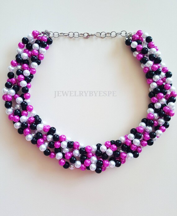 Fuchsia Statement Necklace Multi Layered Bead Long Necklace Five Strand Hot Pink Fuchsia Statement Necklace Multi Layered Bead Long Necklace Five Strand Hot Pink