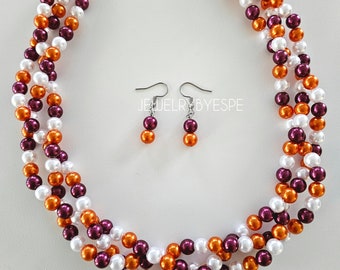 Orange Maroon and White Pearl Braided Necklace with Earrings, Statement Jewelry Set, Braided Pearl Bracelet, Virginia Tech Hokies