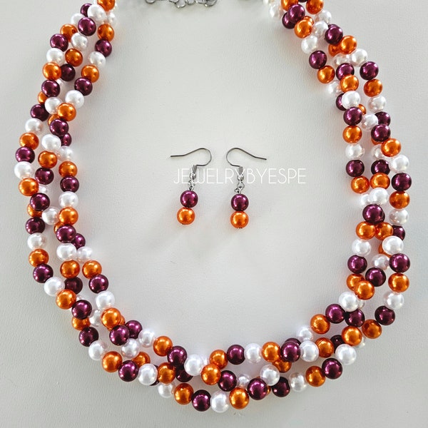 Orange Maroon and White Pearl Braided Necklace with Earrings, Statement Jewelry Set, Braided Pearl Bracelet, Virginia Tech Hokies