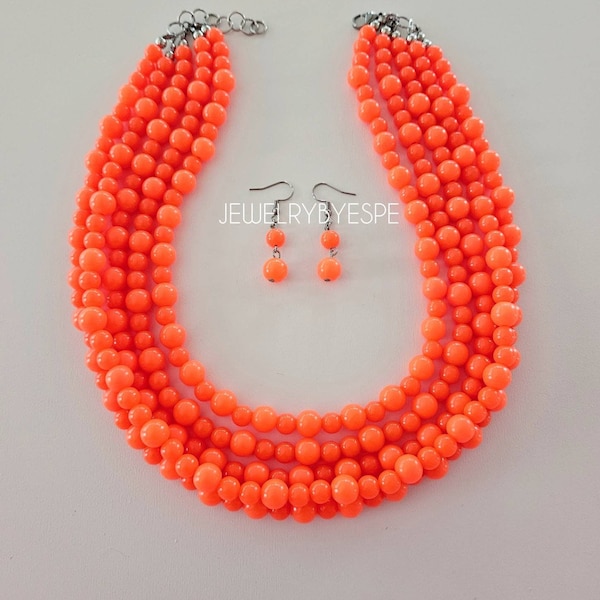 Neon Orange Layered Necklace Set, Statement Necklaces for Women, Bib Chunky Necklace, Multi Strand Necklace, Beaded Layering, Spring Wedding