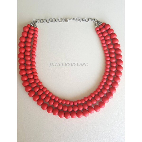 Coral Red Wood Statement Necklace Light Red Bib Chunky Necklace Layered Necklace Multi Strand Necklace Beaded Necklaces for Women Fall gifts