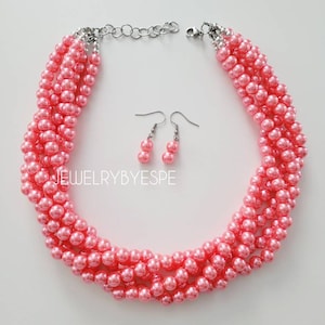 Coral Pink Chunky Pearl Necklace Set, Statement Necklaces for Women, Layered Necklace, Multi Strand Necklaces, Beach Wedding, Summer gifts