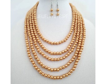 Gold Brown Chunky Pearl Statement Necklace Set, Bib Layered Layering Necklaces for Women, Multi Strand Long Beaded Necklace, Vintage Wedding