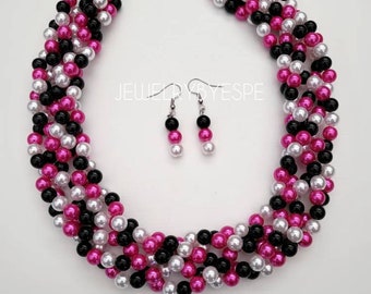 Hot Pink Black White Pearl Statement Necklace Set, Multi Strand Necklaces for Women, Chunky Pearl Necklace, Pearl Choker, Magenta fuchsia
