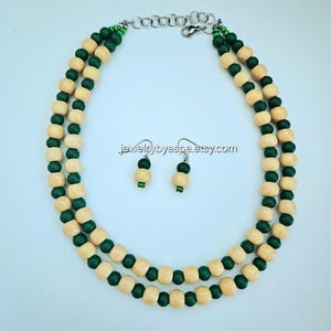 Emerald Green and Beige Wood Bead Necklace Set, Statement Necklaces for Women, Chunky Necklace, Multi Strand Layered, Rustic Wedding summer