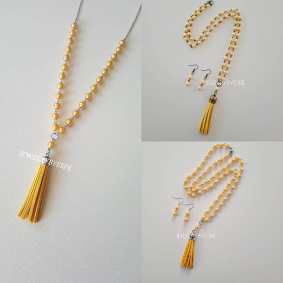 Mustard Yellow Tassel Long Beaded Necklace, Gold Pearl Statement Necklace, Layering  Necklaces for Women, Long Boho Necklace, Vintage, Spring 