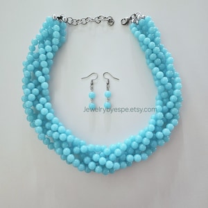 Aqua Blue Braided Statement Necklace Set, Bib Chunky Multi Strand Necklace, Beaded Necklaces for Women, Nautical Wedding, Choker Necklace