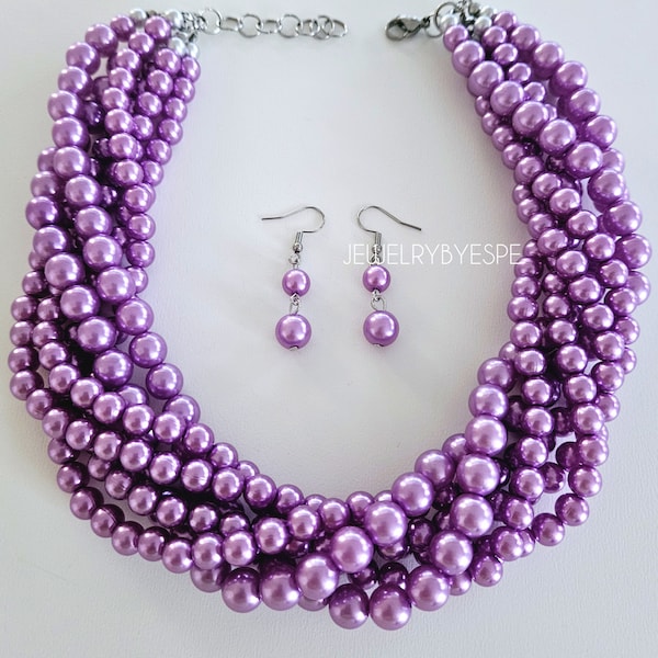 Lilac Purple Chunky Pearl Necklace with Earrings, Statement Necklaces for Women, Multi Strand, Multi Layer, Wedding Jewelry, Spring Summer