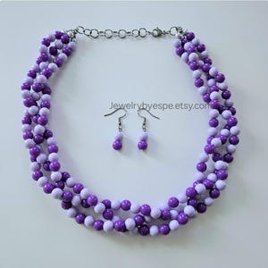 Purple Lilac Braided Necklace Set, Multi Strand Beaded Necklaces, Statement Necklaces, Lavender Wedding Jewelry, Summer Gifts for Women