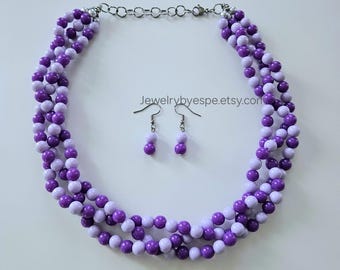 Purple Lilac Braided Necklace Set, Multi Strand Beaded Necklaces, Statement Necklaces, Lavender Wedding Jewelry, Summer Gifts for Women