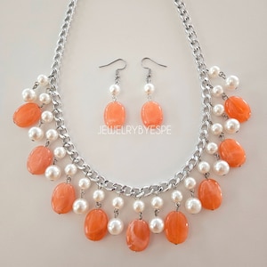 Orange and Beige Pearl Chunky Necklace with Earrings, Statement Necklaces for Women, Bib Chunky Pearl Necklace, Beach Wedding Summer gifts