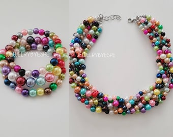 Multicolor Chunky Pearl Necklace Set, Statement Necklaces for Women, Beaded Multi Strand Layered Necklace, Beach Wedding, Spring Summer