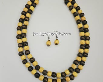 Rustic Yellow and Brown Wood Bead Necklace Set, Layering Necklaces for Women, Statement Necklace, Multi Strand Boho Necklace, Rustic Wedding
