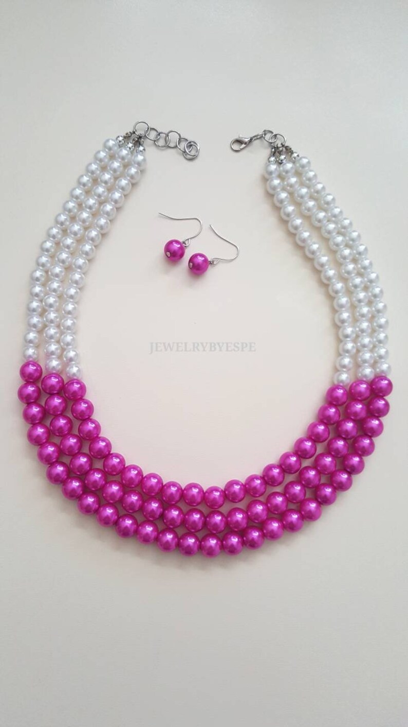 Chunky Pearl Necklace Hot Pink Necklace Multi Strand Beaded Etsy