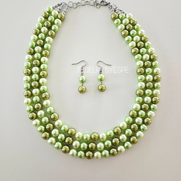 Lime Pastel Olive Green Chunky Pearl Necklace withEarrings, Statement Necklace, Multi Strand Beaded Necklaces for Women, Rustic Wedding