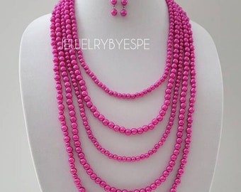 Hot Pink Chunky Pearl Necklace with Earrings, Statement Necklace, Layering Necklaces for Women, Beaded Bib Multi Strand Vintage Necklace