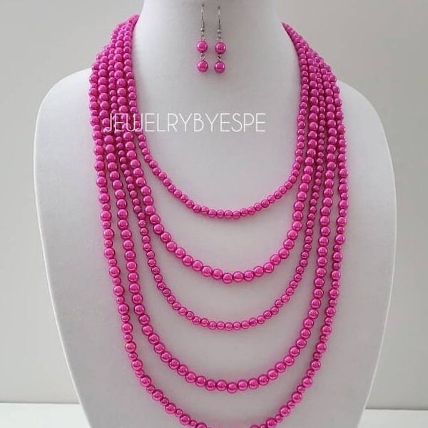 Hot Pink Chunky Pearl Necklace with Earrings, Statement Necklace, Layering Necklaces for Women, Beaded Bib Multi Strand Vintage Necklace