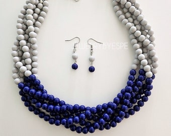 Royal Blue and Grey Ombre Statement Necklace Set, Multi Strand Chunky Necklace, Layered Necklaces for Women, Navy Blue Nautical Wedding