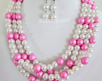 Bubblegum Pink and White Pearl Statement Necklace Set, Bib Chunky Pearl Necklace, Layering Necklaces for Women, Multi Strand, spring summer