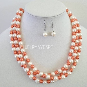 Beige & Orange Chunky Pearl Necklace Set, Statement Necklaces for Women, Layered, Multi Strand Necklace, Layering, Rustic Wedding, Summer
