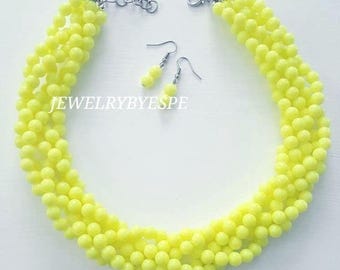 Neon Yellow Braided Chunky Necklace Set, Statement Necklace Multi Strand Necklace, Beaded Choker Necklaces for Women, Beach Wedding, Summer
