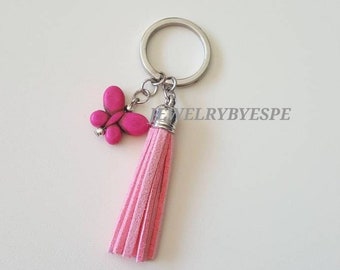 Pink Tassel Keychain Butterfly Keychain cute keychain silver key ring best friend gifts Gifts for women boho birthday gifts blush pink