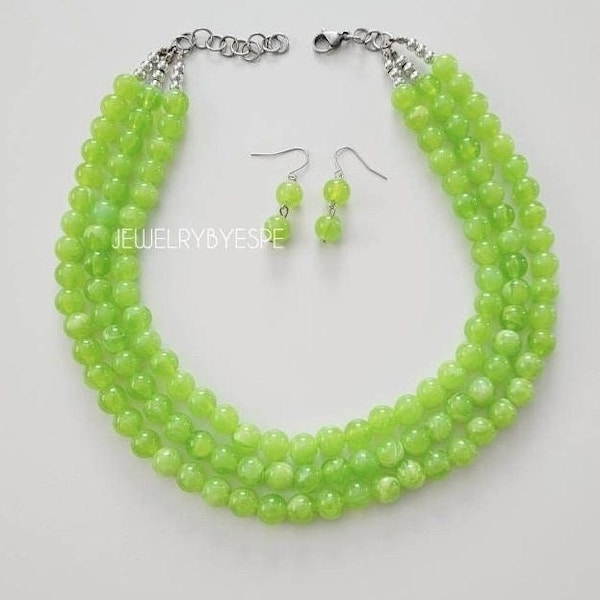 Lime Green Statement Necklace Bib Chunky Necklace Layered Necklace Multi Strand Necklace Beaded Layering Necklaces for Women spring summer