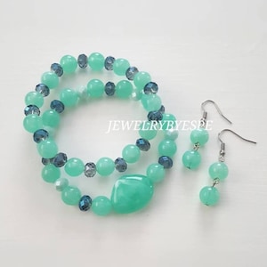Mint Light Blue Crystal Bracelets Set, Stackable Bracelets for women, Chunky Bracelets, Mint Wedding Dangle Earrings nautical gifts for her