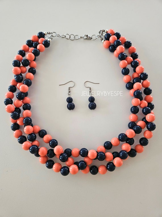 Coral Peach and Navy Blue Chunky Necklace Statement Necklace Multi