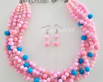 Pink Statement Necklace, Blue Chunky Necklace, Bib Layered Necklace, Multi Strand Necklaces for Women, Blush Pink Nautical Wedding, Gifts