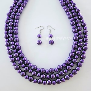 Violet Purple Pearl Necklace Set, Bib Chunky Statement Necklaces for Women, Multi Strand Layered Vintage Rustic Wedding, Fall Jewelry Gifts