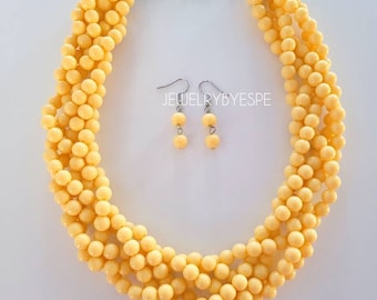 Braided Yellow Statement Necklace Set, Bib Chunky Necklace, Multi Strand Necklace, Beaded Choker Necklace, Beach Wedding, Fall Gifts