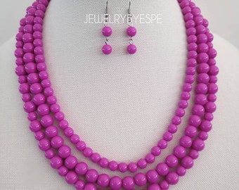 Raspberry Purple Statement Necklace Set, Chunky Necklace, Bib Layered Necklace Set, Multi Strand Necklace, Beaded Layering Necklace, spring