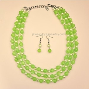 Lime Green Layered Necklace Set, Chunky Pearl Necklace, Statement Necklace, Multi Strand Layering Necklaces for Women, Beach Wedding Gifts