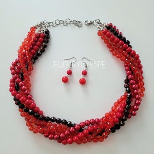 Red Statement Necklace Set, Red Chunky Pearl Necklace, Multi Strand Beaded Necklaces for Women, Vintage Rustic Wedding Jewelry, Summer gifts